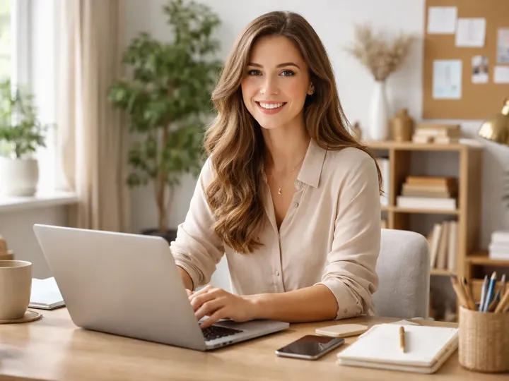 A writer smiling at her laptop at a sunny desk
