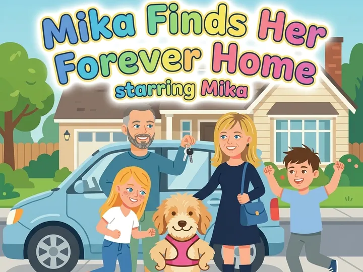 Cover of a picture book called Mika Finds Her Forever Home, showing a family and their new puppy